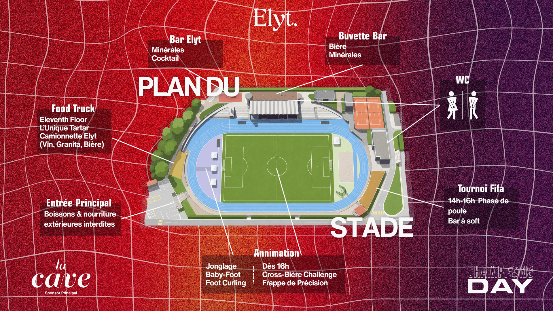 Plan officiel du Stade Saint-Léonard avec ses zones : Bar Elyt, Buvette, Food Truck, Entrée Principal, Tournoi FIFA, animations, WC, La Cave